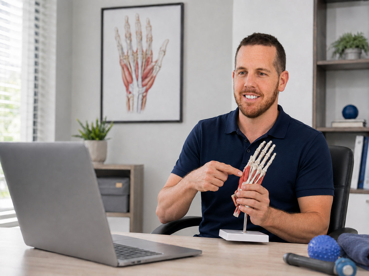 Ty Smith demonstrating hand anatomy with a skeletal model